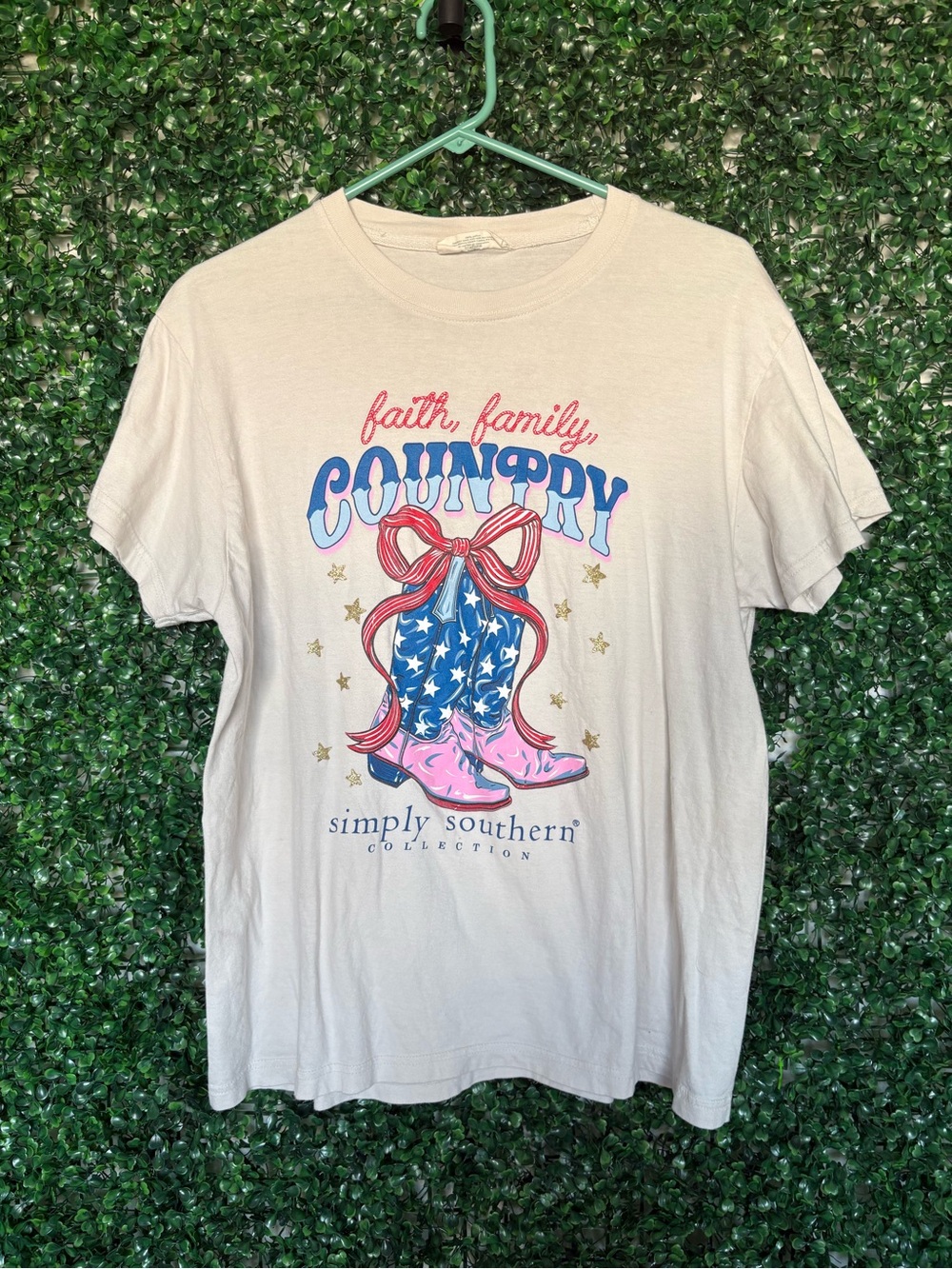 Simply Southern Cream Tee with Pink and Blue Patriotic Boot Graphic